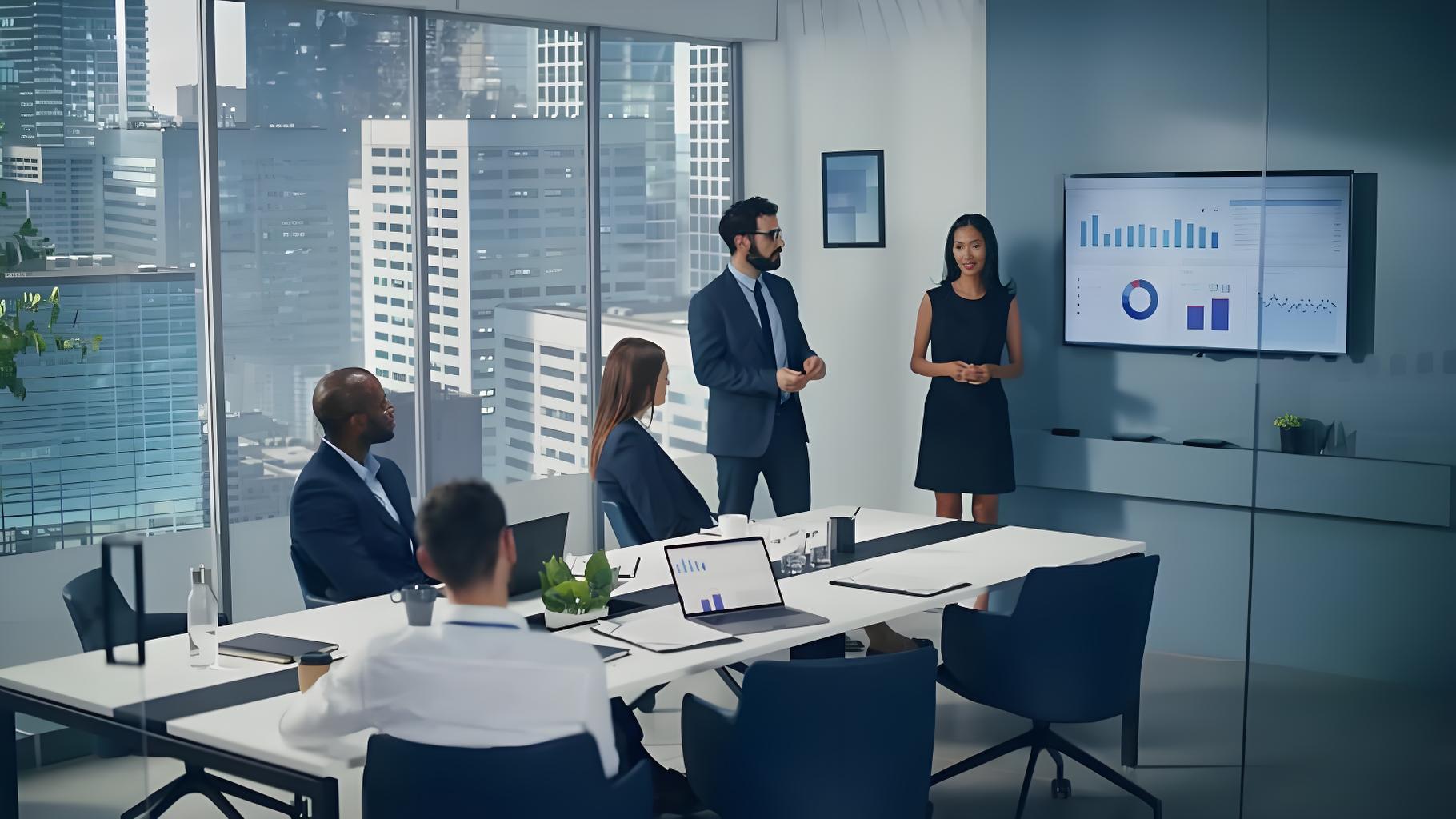 银行培训场景，现代化会议室中讲师正在授课，学员们认真听讲，蓝色背景，明亮自然光线